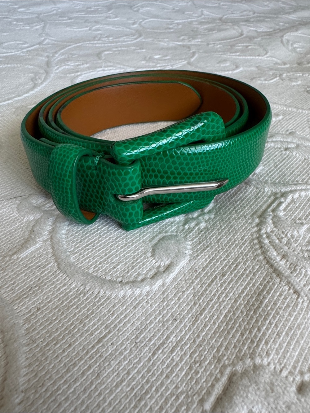 Lauren Ralph Lauren Green Textured Genuine Leather Belt with Silver Buckle